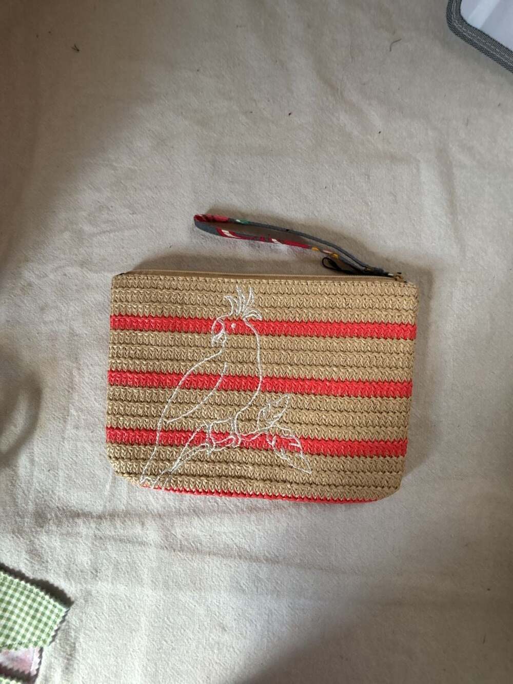Vera Bradley Coastal Paradise Straw Wristlet Pouch Parrot Embroidered